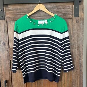 Alfred Dunner Striped Top with Green and Navy Accents